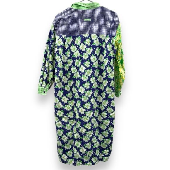 White Label Lilly Pulitzer Blue & Green Patchwork Button Front Shirt Dress Sz M - Picture 4 of 12